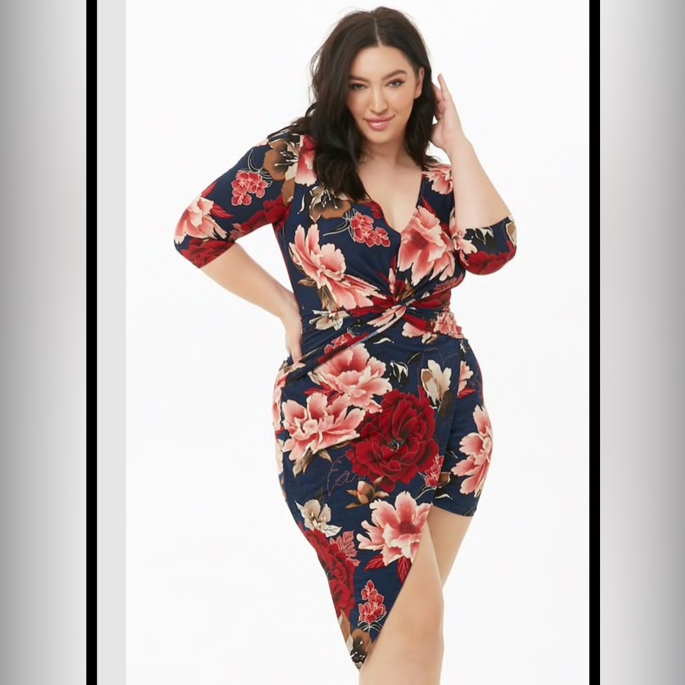 Plus Size Twist-Front Floral Skirt Print Mini Dress